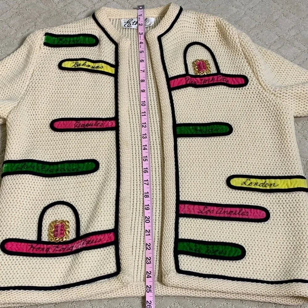 Ethel of Beverly Hills Travel Novelty Cardigan Wool Sweater Cream Women's M - Picture 12 of 16